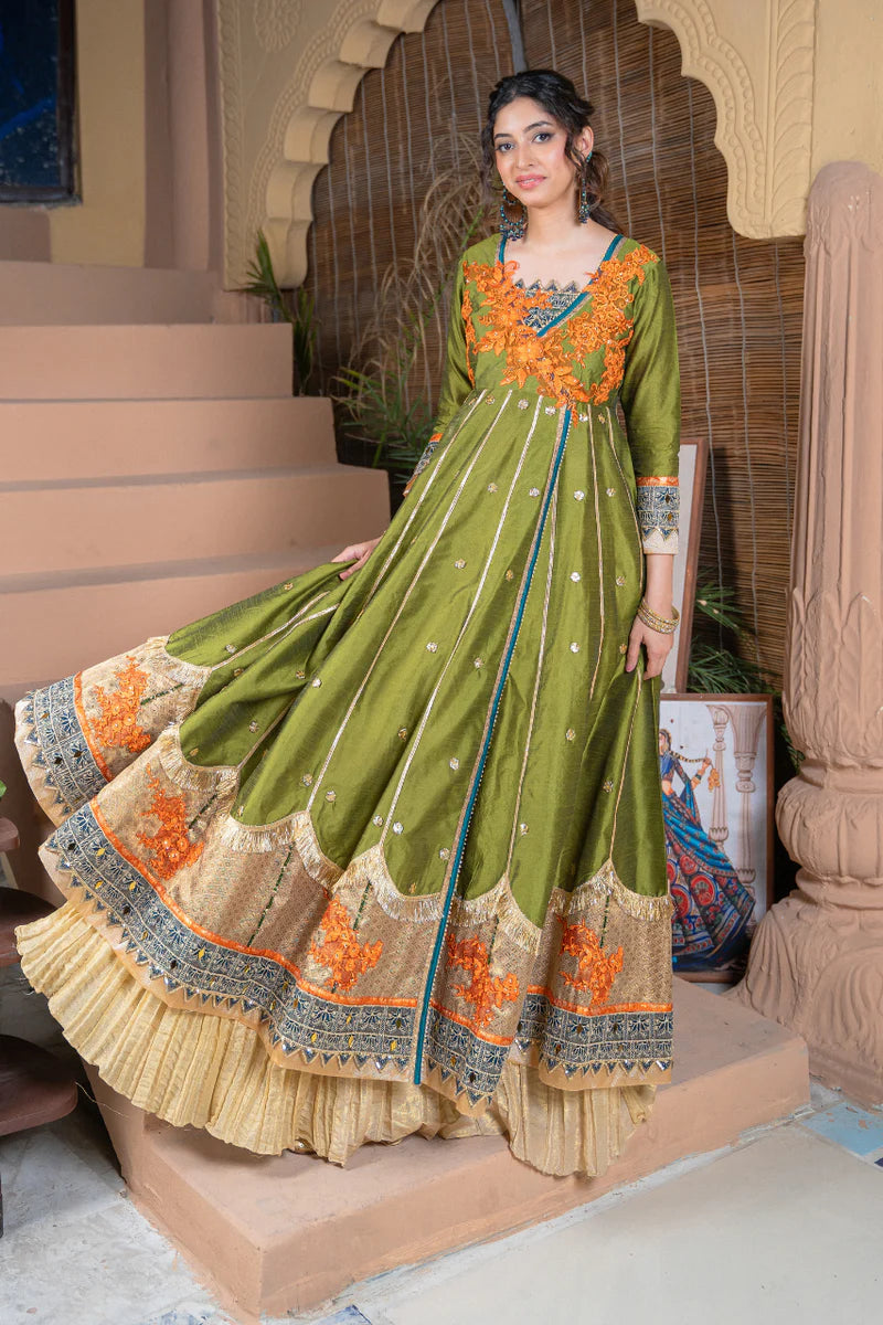 EMBROIDERED RAW SILK ANGRAKHA WITH LEHNGA DRESS