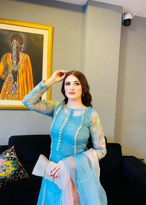EMBROIDERED ORGANZA STITCHED 3 PIECE SHARARA DRESS
