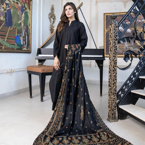 Black Pashmina Wool Hand-Embroidered Shawl (Needle work)