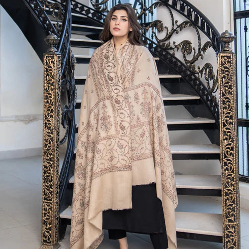 Beige Pashmina Wool Hand-Embroidered Shawl (Needle work) -