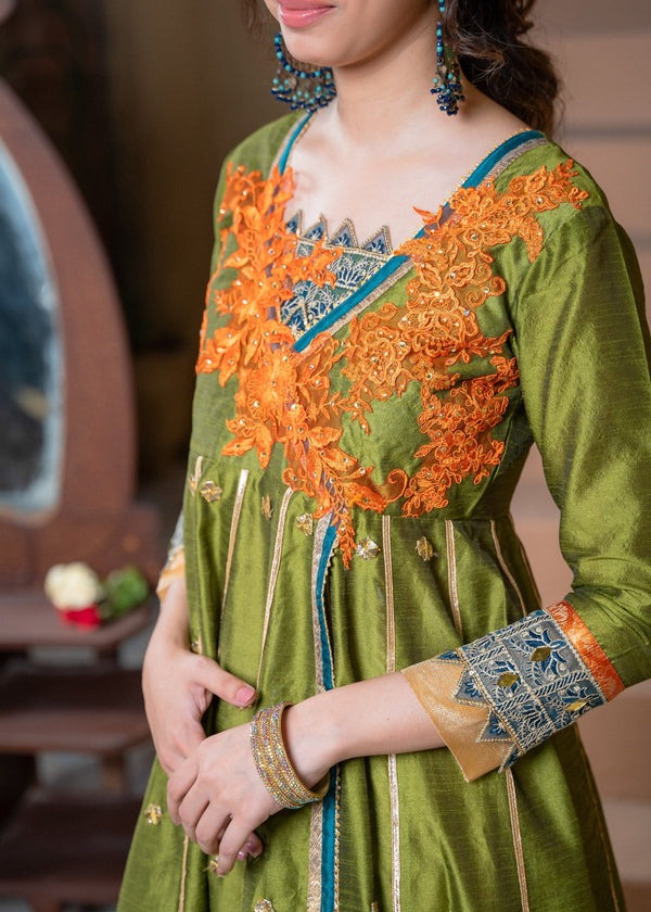 Raw Silk Angrakha in olive Green