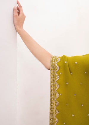 Olive Green Embroidered A-Line Kaftan with Silk Trouser – 2-Piece Set