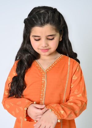 Pumpkin Orange Embroidered Dobby 3-Piece Shalwar Kameez with Net Dupatta β Summer Festive Wear