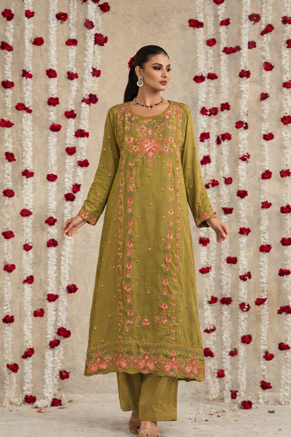 Verdant Grace – Hand-Embroidered Olive Kurta Ensemble