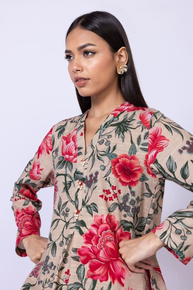 Smart Fit Floral Printed Kurta – Full Sleeve, V-Neck with Buttons - Traditional Ethnic Wear for Australia