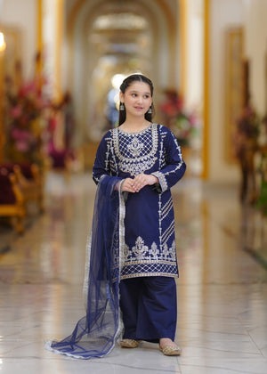 Midnight Blue Embroidered Khaddi Net 3-Piece Long Kurta Set – Daily Wear