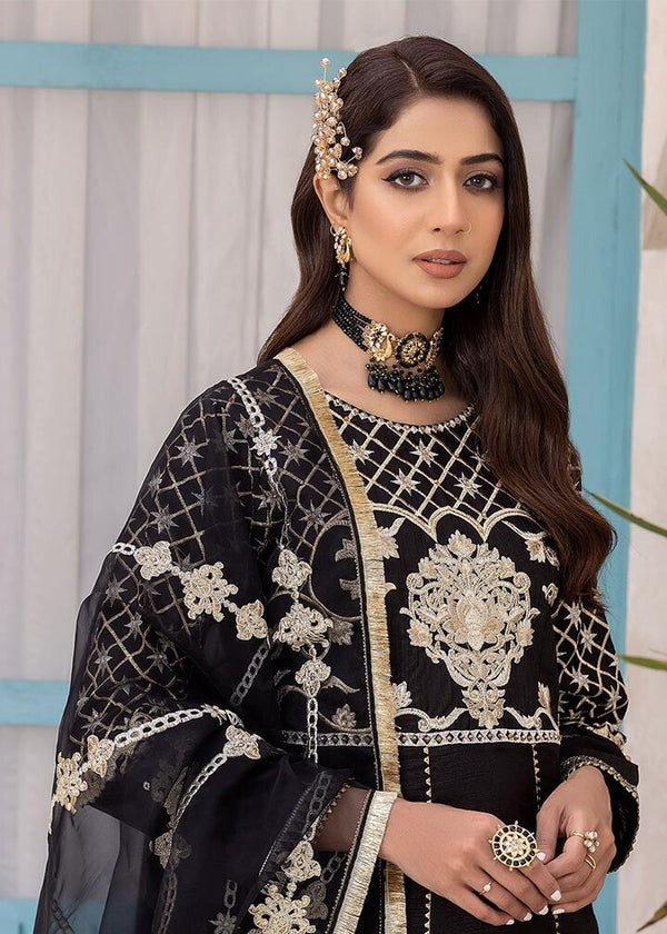 Black Raw Silk A-Line Kurta with Embellished Sharara & Organza Dupatta