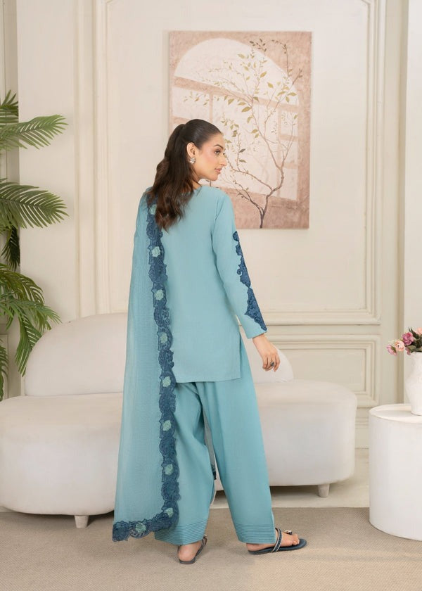 Powder Blue Short Kurta with Embroidered Shalwar & Organza Dupatta