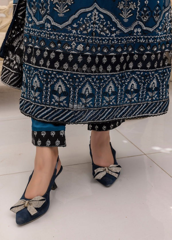 Mystic Teal Elegance – Silver & Charcoal Embroidered Ensemble