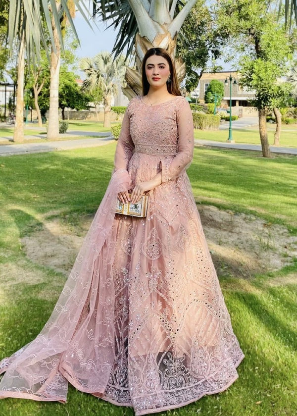 Embellished Tea Pink Maxi Dress with Pearl & Mirror Work