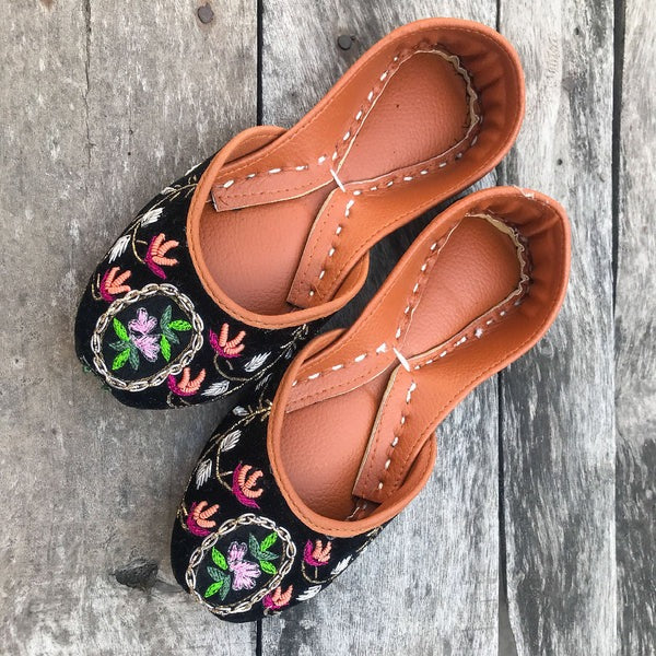 Black Velvet Kids Khussa with Peach & Pink Embroidery