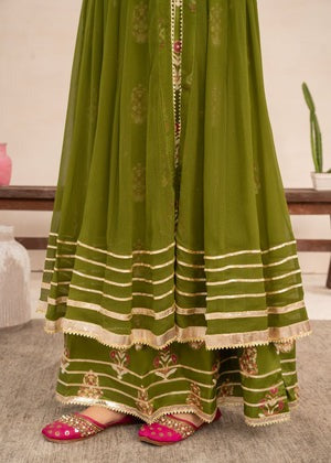 Olive Elegance โ Festive Angrakha Maxi Set with Silk Trousers & Organza Dupatta