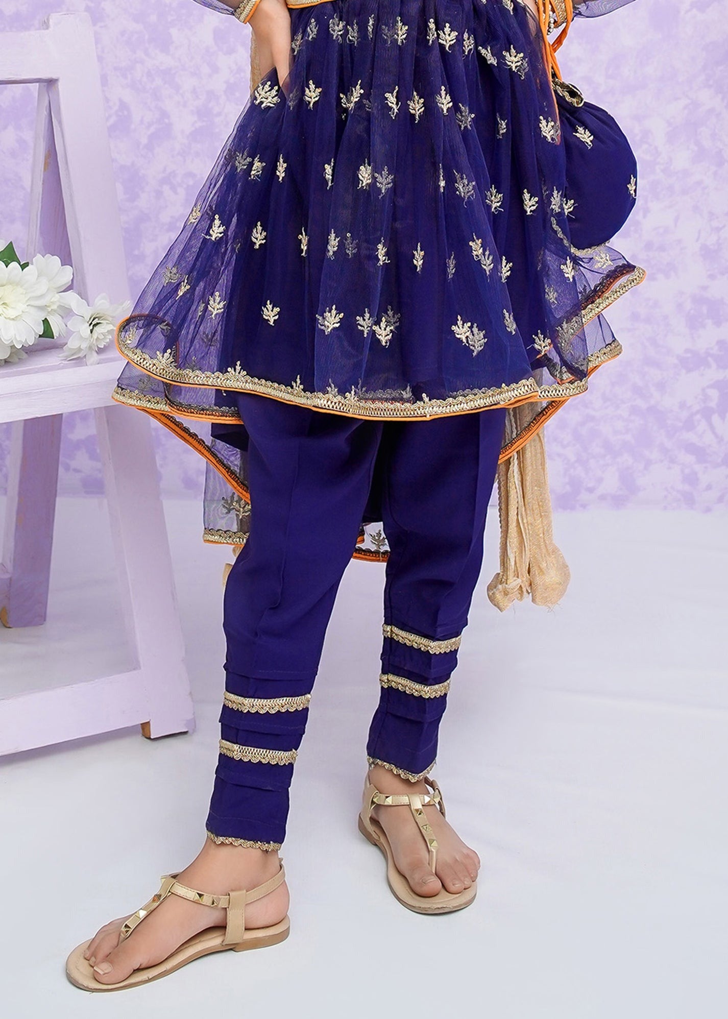 Blue Embroidered Net Frock Suit for Girls – 3 Piece Stitched Ready-to-Wear Set
