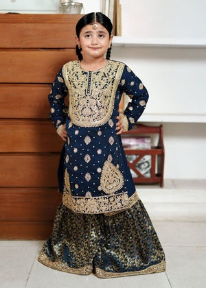 Navy Blue Chiffon Long Shirt Gharara Set with Dupatta β 3 Piece Festive Wear