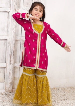 Hot Pink Raw Silk 3-Piece Gharara Set with Net Pants β Festive Wear