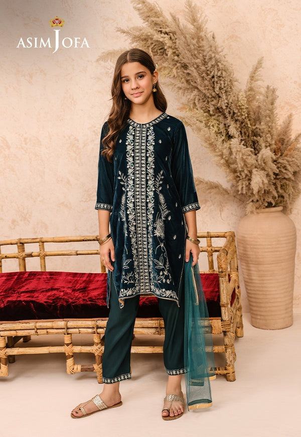 Teal Embroidered Velvet Shirt with Coordinated Trousers & Dupatta