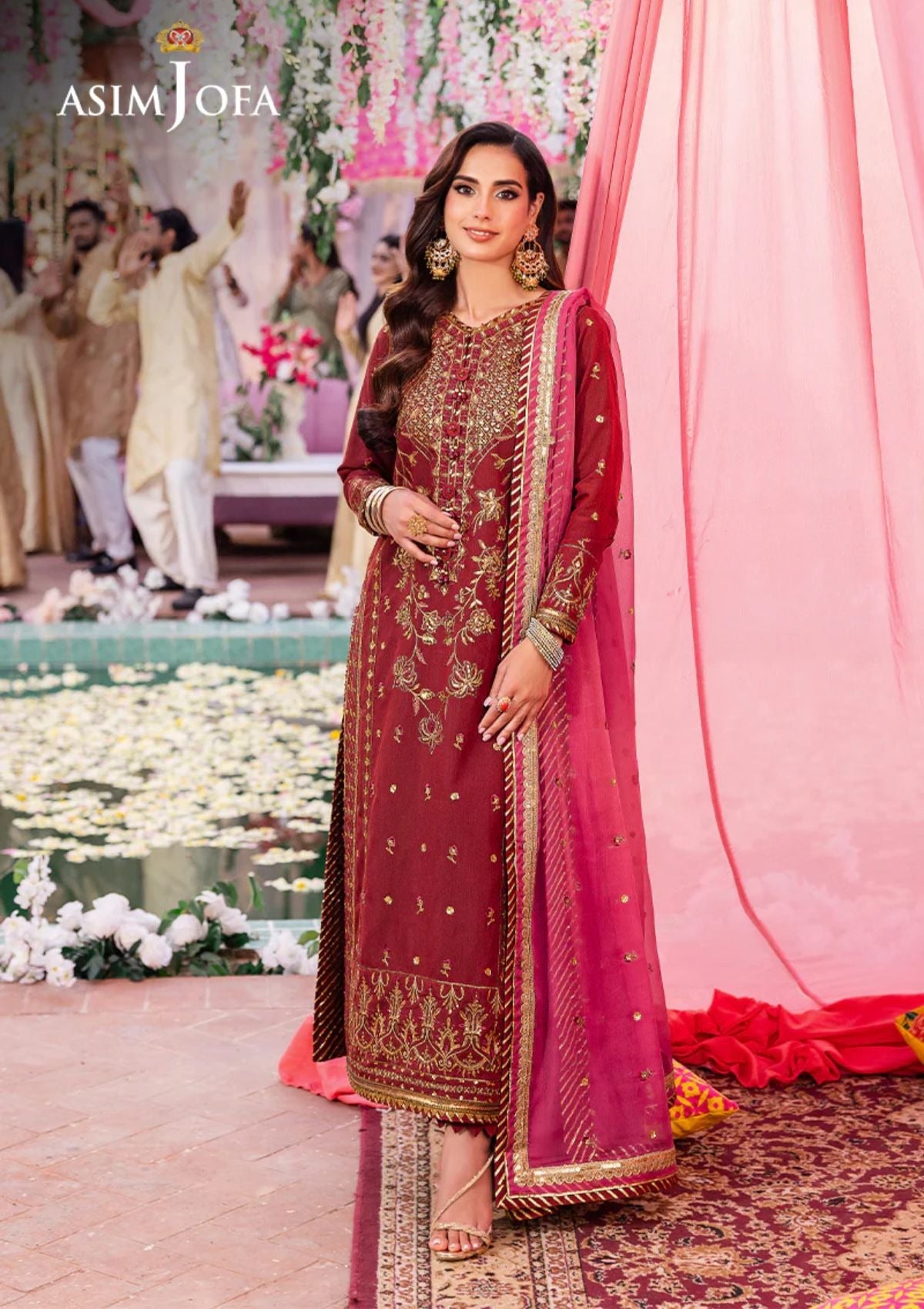 Elegant Maroon Eastern 3-Piece Set – Long Shirt with Bottom & Dupatta