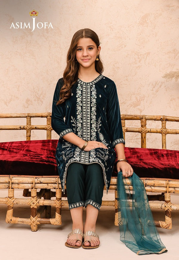 Teal Embroidered Velvet Shirt with Coordinated Trousers & Dupatta