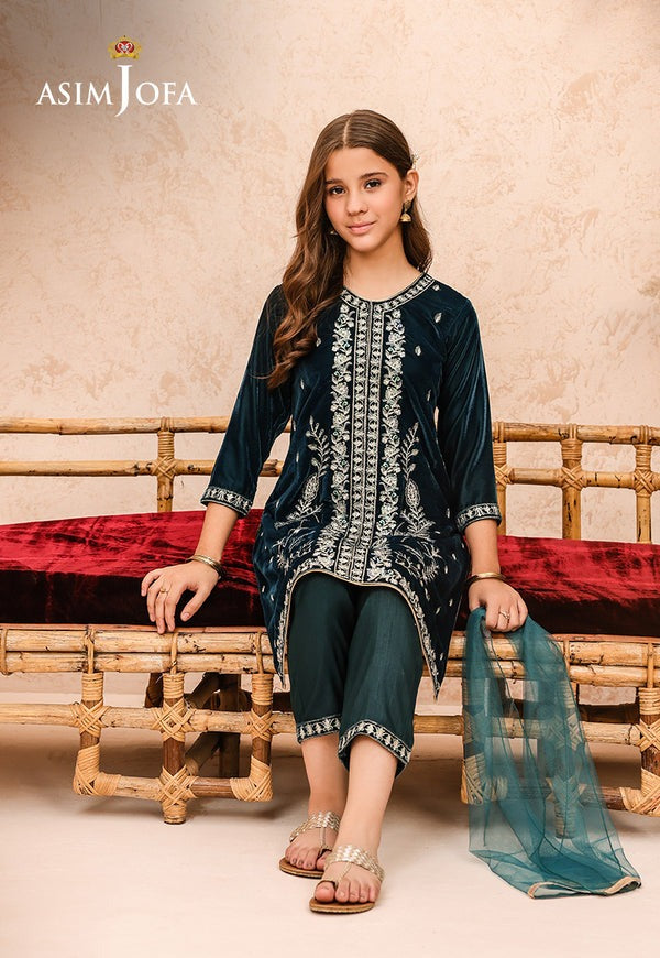 Teal Embroidered Velvet Shirt with Coordinated Trousers & Dupatta