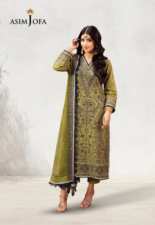 Fresh Green Embroidered 3-Piece Set – Navy & Gold Threadwork with Dupatta