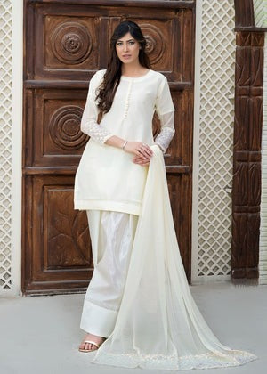 Elegant Off-White Chiffon 3-Piece Set – Straight Cut Kurta with Farshi Shalwar & Embroidered