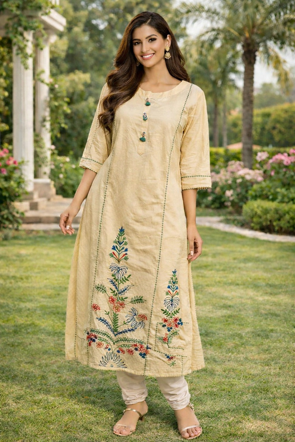 Graceful Ivory Kurta with Multicolor Floral Embroidery - This outfit is perfect for Eid celebrations in Australia
