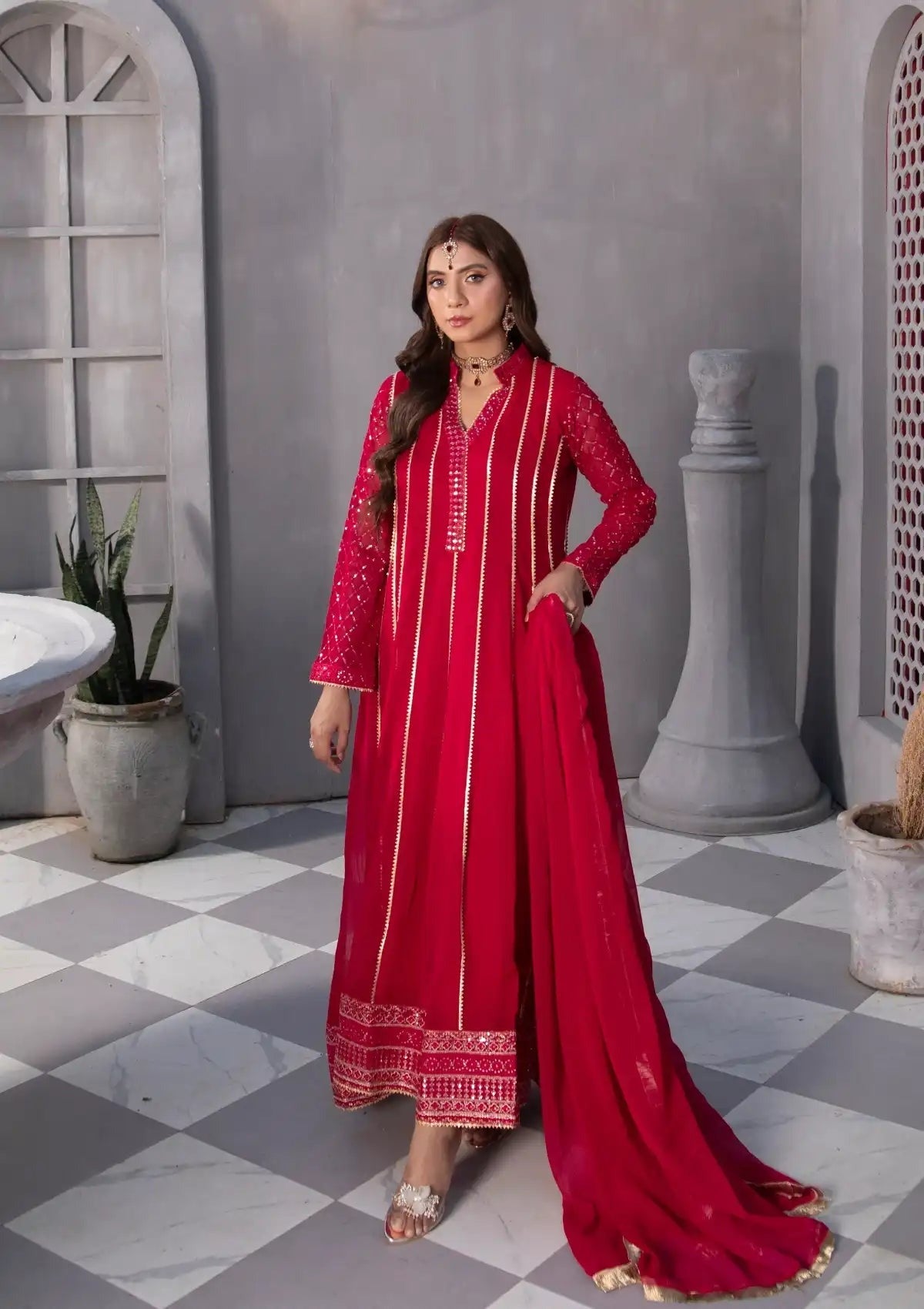 Luxury Red Anarkali Ensemble with Intricate Sleeve Embroidery & Flowing Dupatta