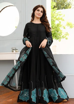 Moonlight Black Flared Maxi Ensemble with Handmade Embroidery - This outfit is perfect for Eid celebrations in Australia