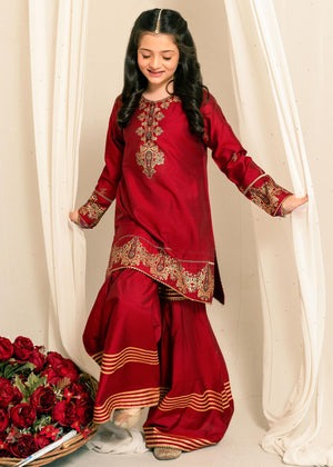 Screen Printed Maroon Kurti with Flared Gharara – 2 Piece Cotton Silk