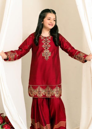 Screen Printed Maroon Kurti with Flared Gharara – 2 Piece Cotton Silk