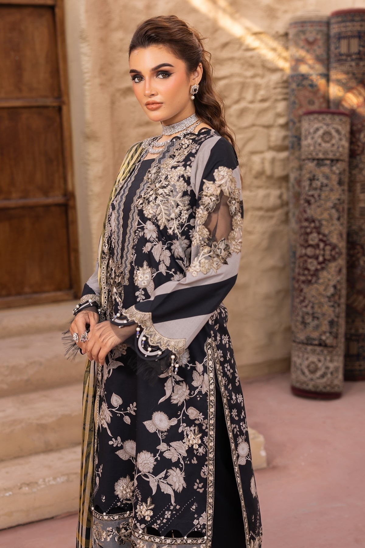 3-PC Stitched Embroidered Lawn Dress - Extra Large