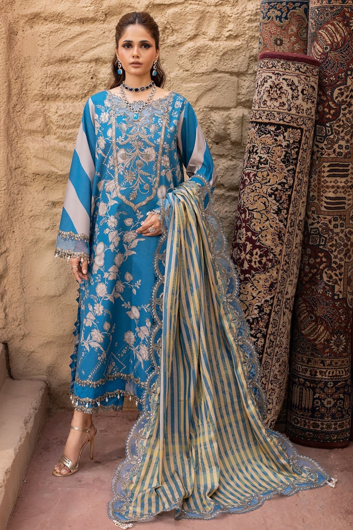 3-PC Stitched Embroidered Lawn Dress - Extra Large