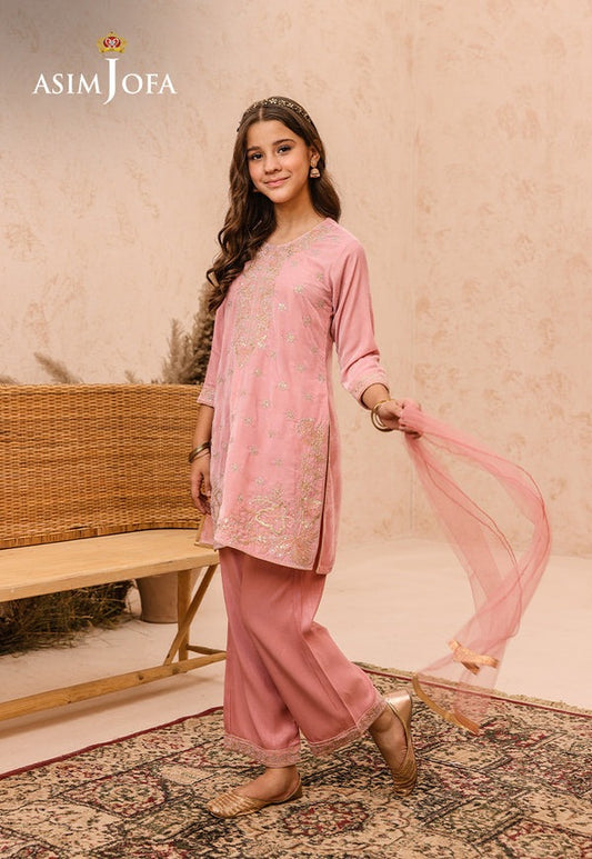 Light Peach Velvet 3-Piece Ensemble with Raw Silk Trousers & Net Dupatta – Minimalistic Elegant Wear