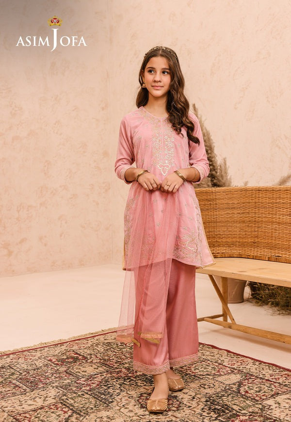 Light Peach Velvet 3-Piece Ensemble with Raw Silk Trousers & Net Dupatta – Minimalistic Elegant Wear