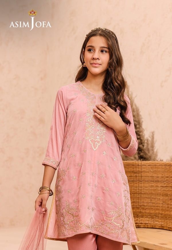 Light Peach Velvet 3-Piece Ensemble with Raw Silk Trousers & Net Dupatta – Minimalistic Elegant Wear