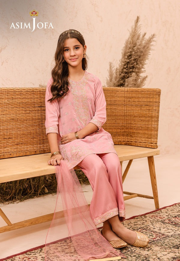 Light Peach Velvet 3-Piece Ensemble with Raw Silk Trousers & Net Dupatta – Minimalistic Elegant Wear