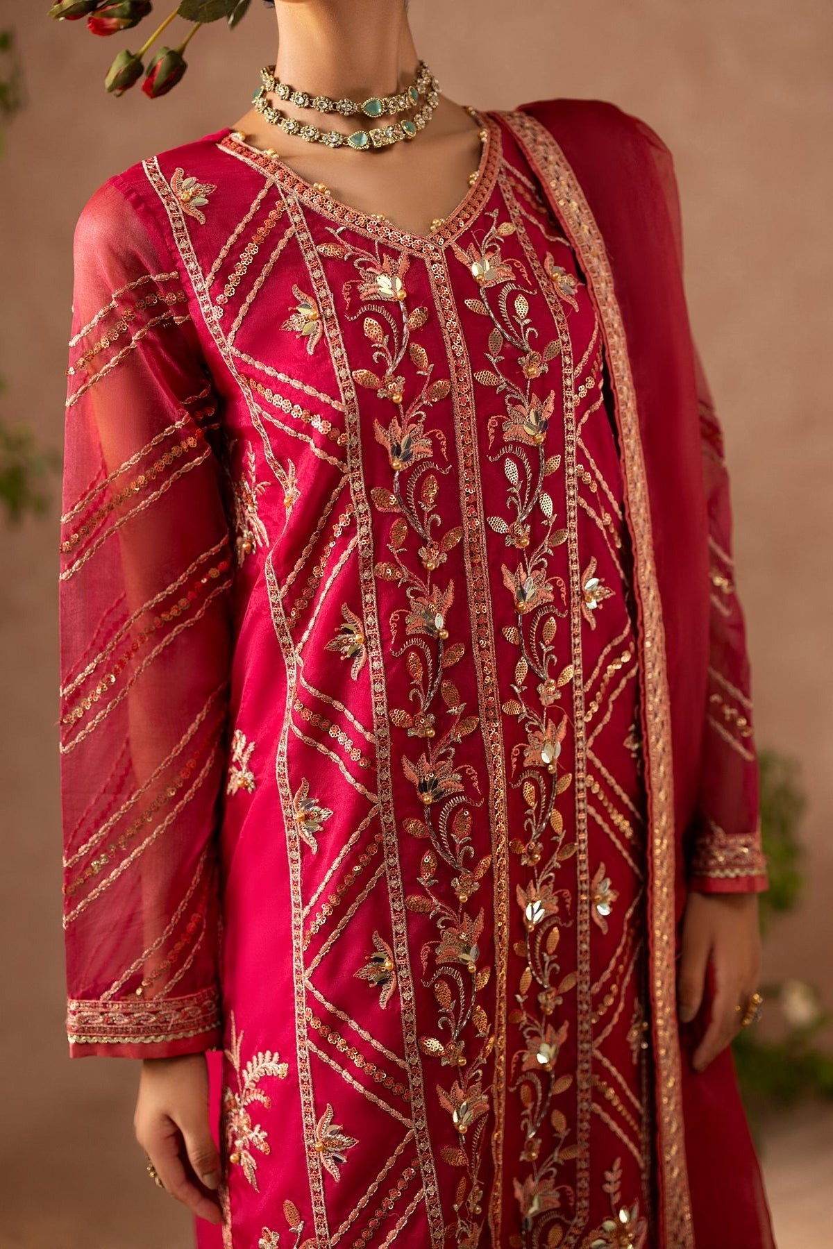 Bold Fuchsia Shaan Organza Kurta with PK Silk Trouser & Dupatta