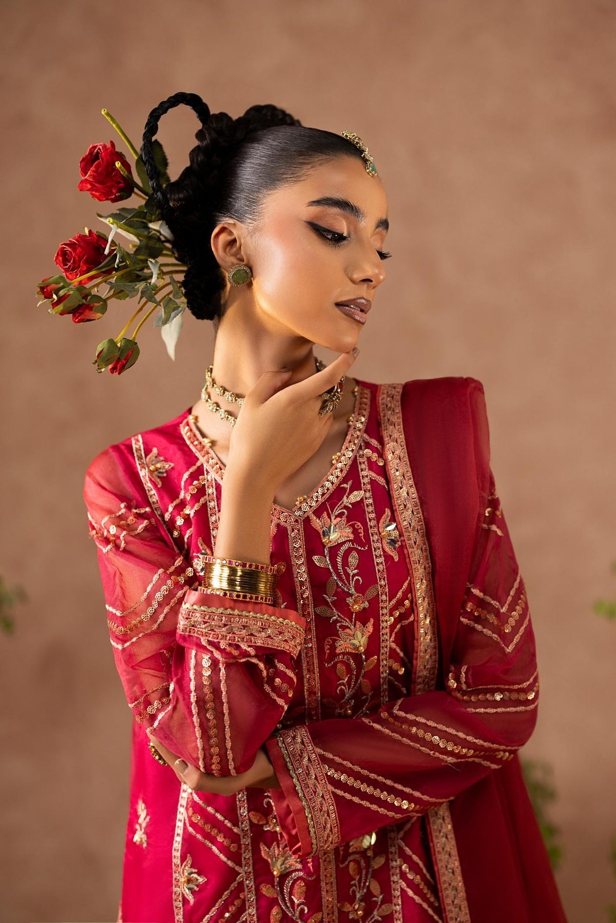 Bold Fuchsia Shaan Organza Kurta with PK Silk Trouser & Dupatta