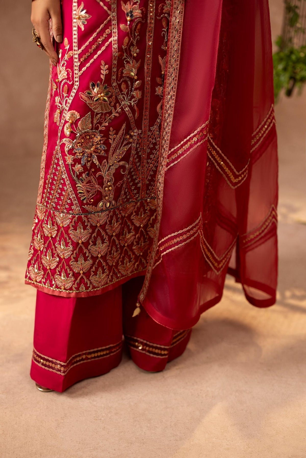 Bold Fuchsia Shaan Organza Kurta with PK Silk Trouser & Dupatta