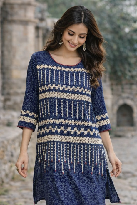 Blue Embroidery Kurti with Traditional Fair Isle Pattern - Australian Pakistani Indian women love this design