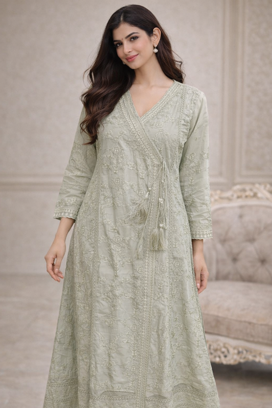A Light Green Embroidery Angrakha Kurti with Tassel Detail and Lace Trim