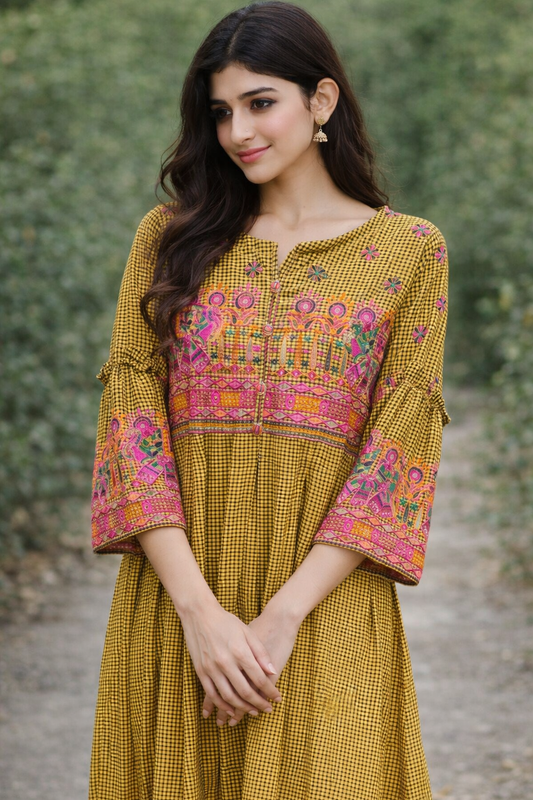 Stylish mustard yellow gingham dress with vibrant pink embroidered - Australian Pakistani Indian women love this design