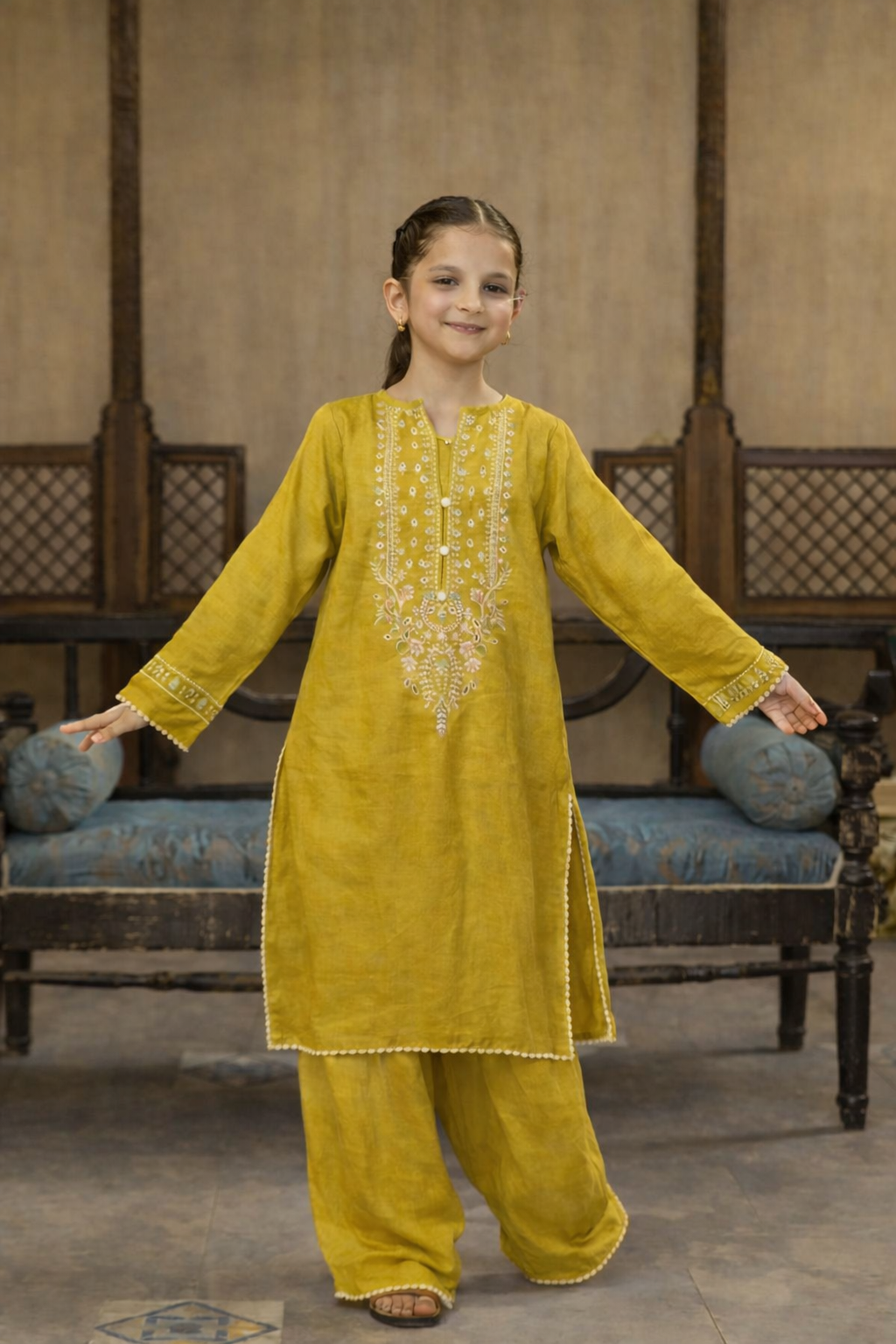 Little Miss Sunshine in a Yellow Embroidered Kurta Set - Australian Pakistani Indian women love this design