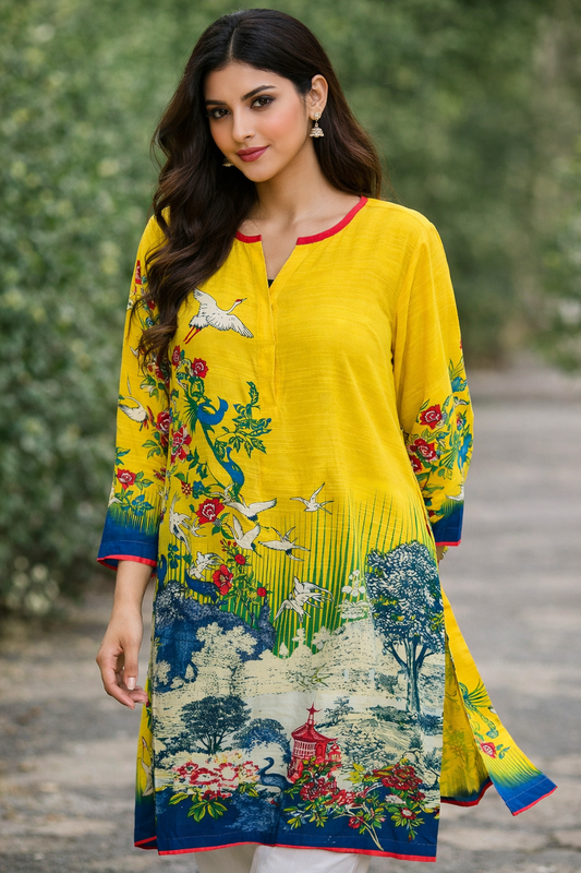 Vibrant Yellow Kurti with Floral & Crane Print,