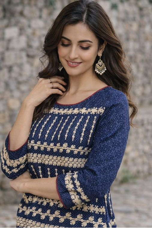 Blue Embroidery Kurti with Traditional Fair Isle Pattern - Australian Pakistani Indian women love this design