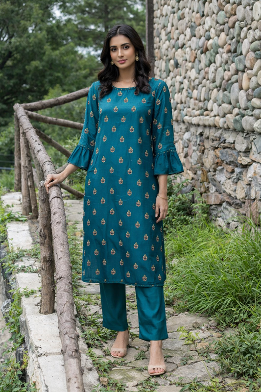 Teal kurti with gold floral print - Traditional Pakistani women wear designed for Australian Pakistani Indian women