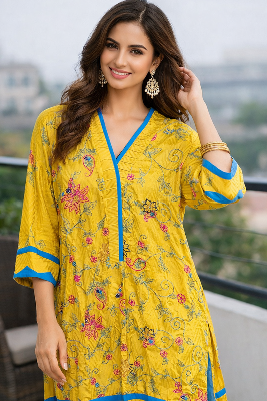 Vibrant Yellow Chiffon Embroidered Kurta with Blue-Trimmed Statement Sleeves - Available now for Sydney & Melbourne, Brisban customers