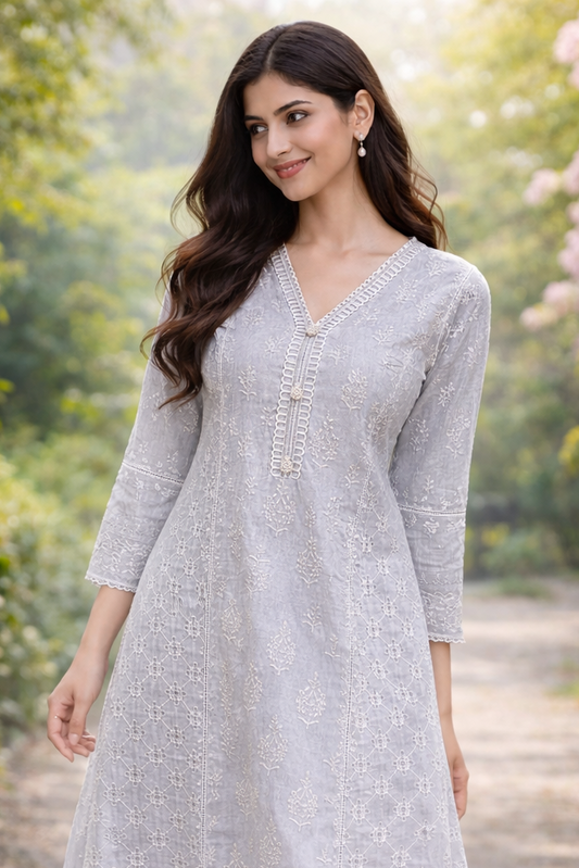 Light Grey Embroidered A-Line Kurta with Elegant V-Neck Design - This outfit is perfect for Eid celebrations in Australia