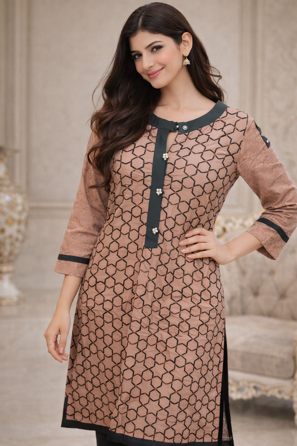 Brown Geometric Pattern Kurti with Black Trim and Pearl Button Accents