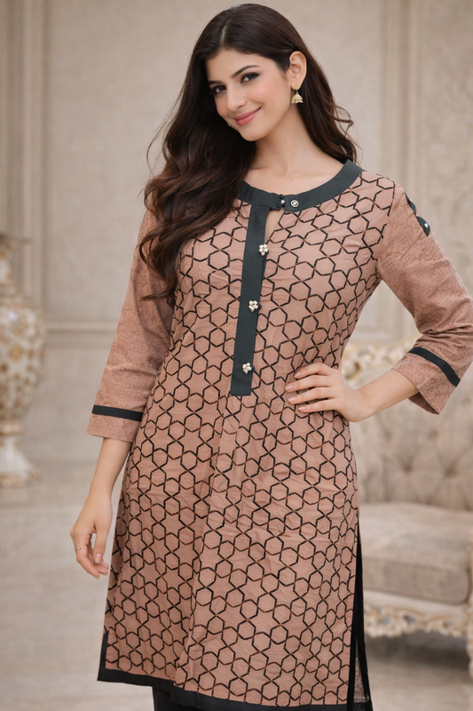 Brown Geometric Pattern Kurti with Black Trim and Pearl Button Accents